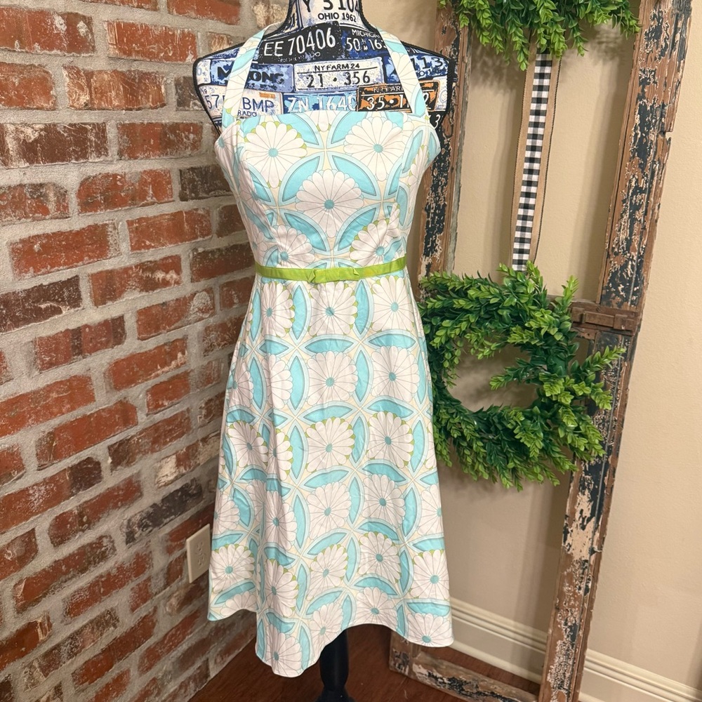 Maggy London Elegant Aqua and White Halter Dress